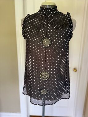 Sheer Sleeveless Black Polka Dot Mock Ruffle Neck Top